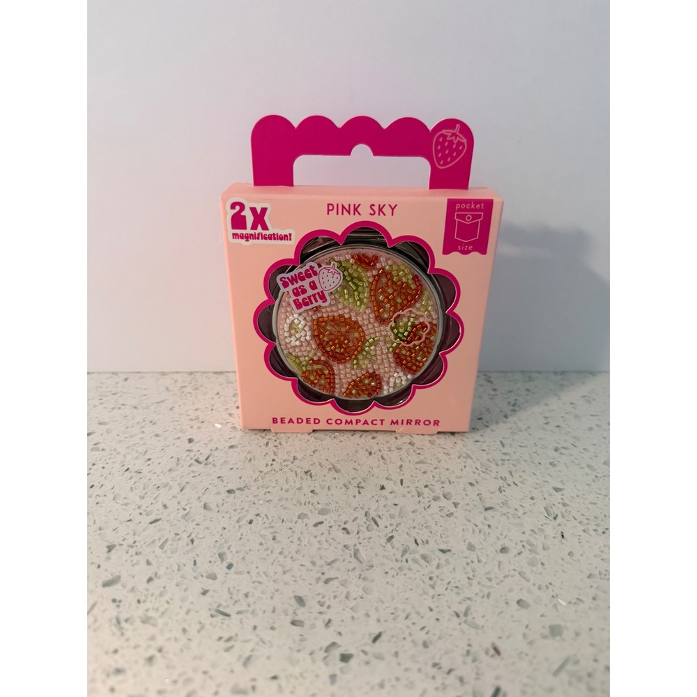 Pink Sky Beaded Compact Mirror Sweet as a Berry Strawberry 2x Magnification NEW